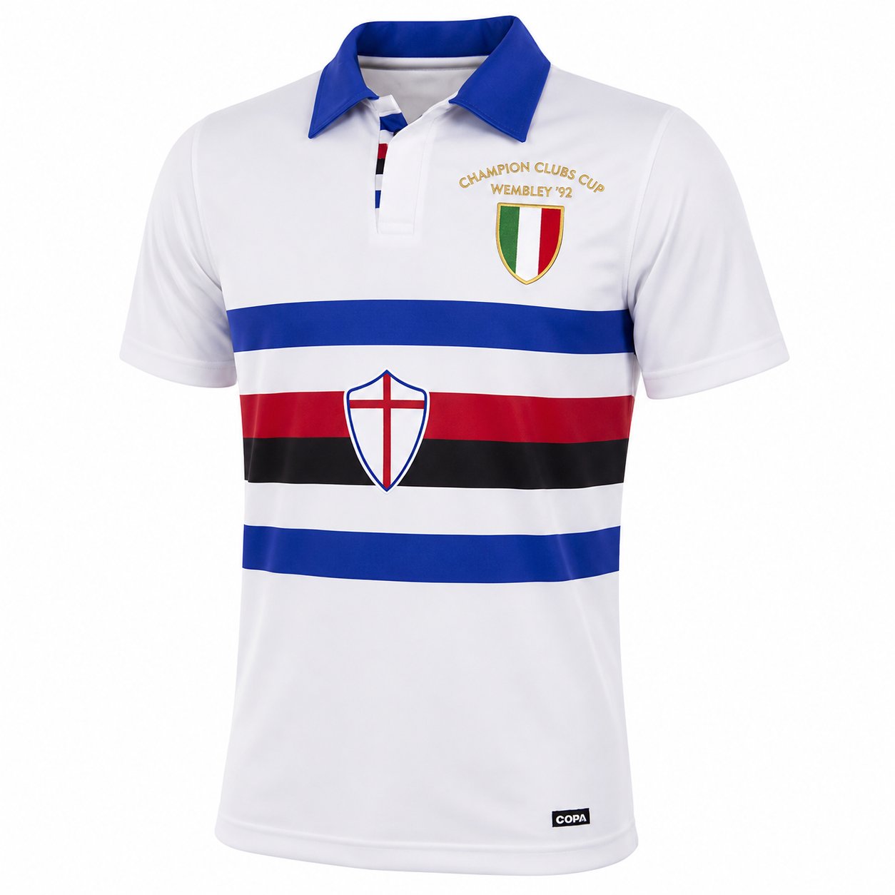 1992 European Cup final kit Sampdoria white blue red black stripes vintage football shirt Wembley