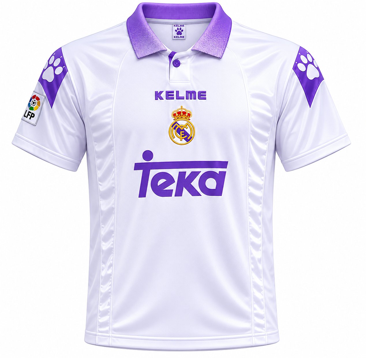1998 champions league final kits Real Madrid white purple trim Kelme Teka sponsor retro football kit